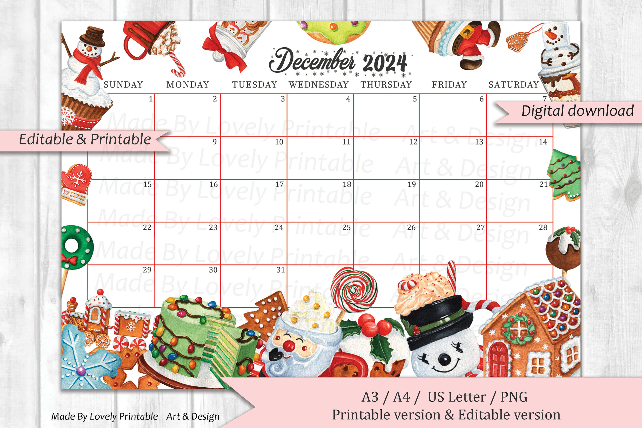 Editable December 2024 Calendar, Christmas Sweets &amp; Drinks for December 2024 Calendar Printable For Kids