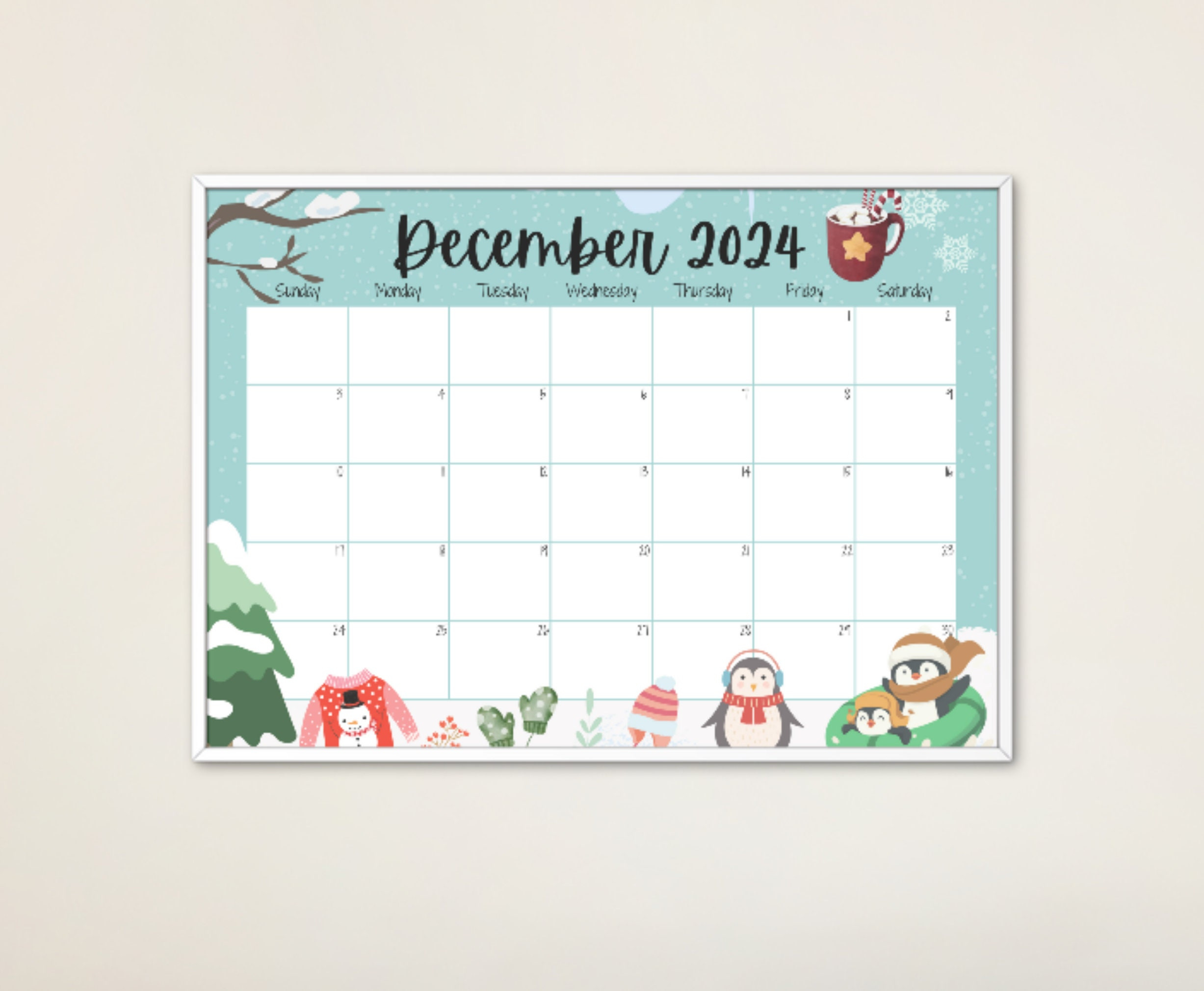 Editable December 2024 Calendar, Cute Penguins, Beautiful Winter with December 2024 Calendar Printable Penguin