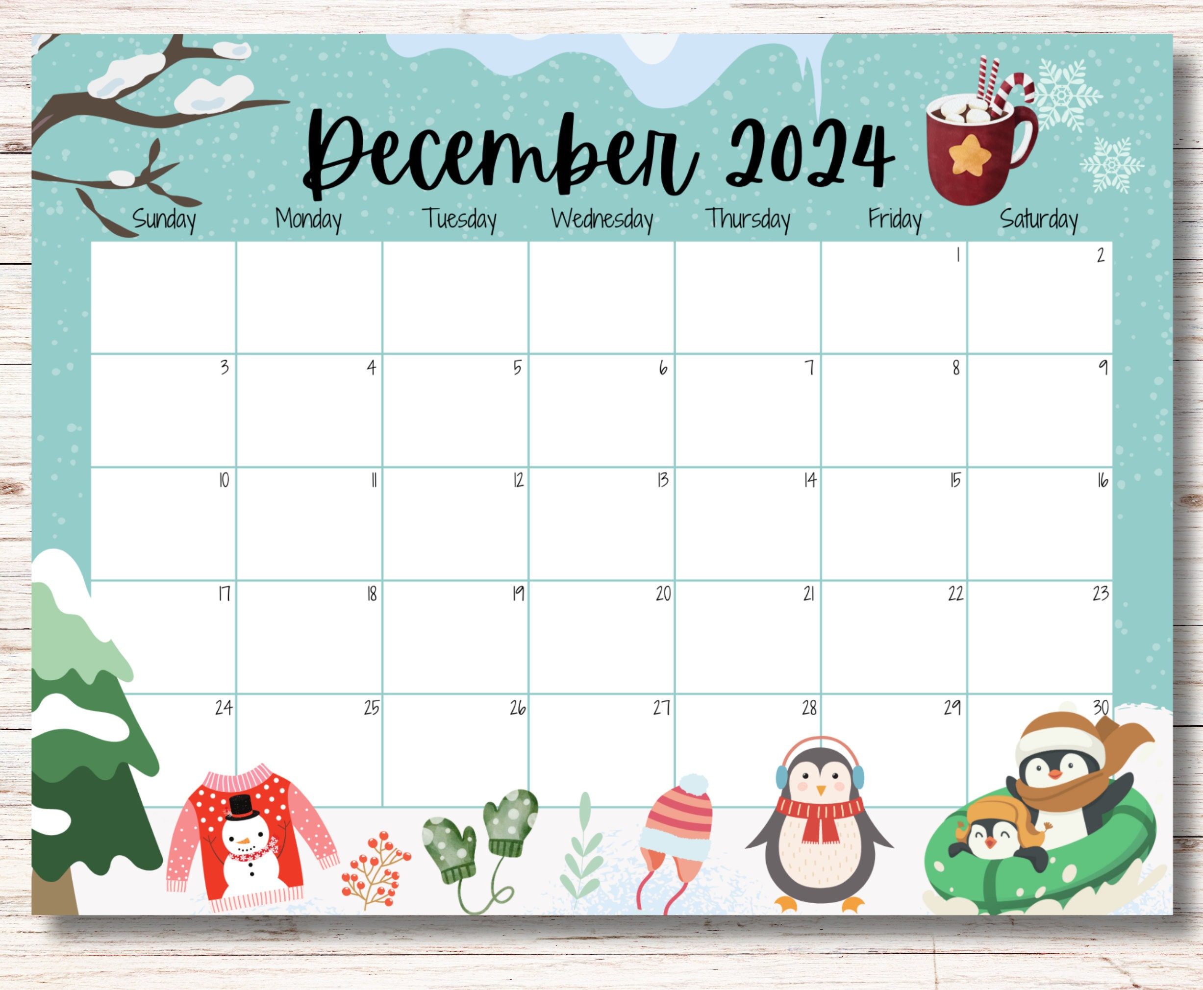 Editable December 2024 Calendar, Cute Penguins, Beautiful Winter with regard to December 2024 Calendar Printable Penguin