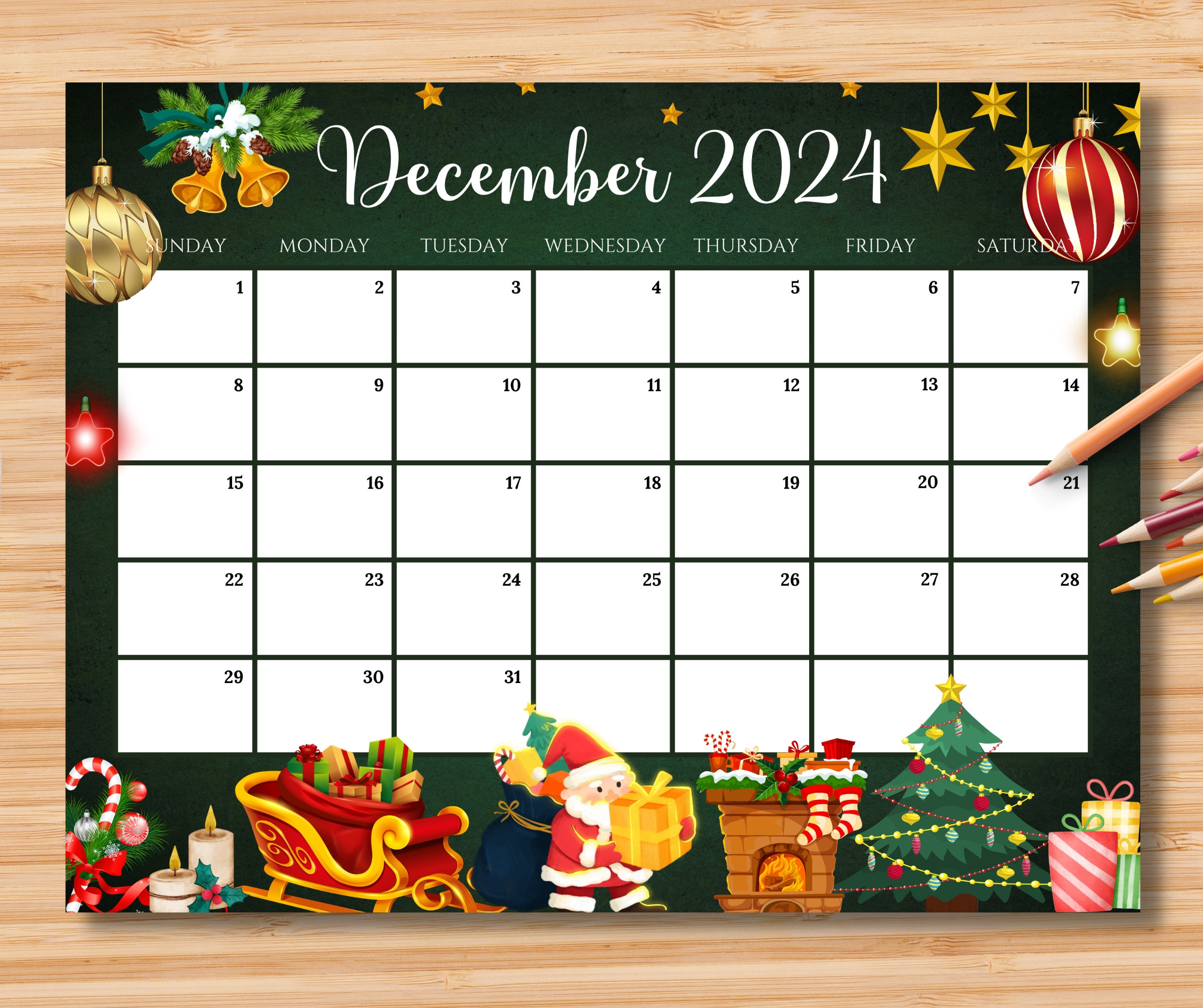 Editable December 2024 Calendar, Gorgeous Christmas With Santa for Christmas Themed December 2024 Printable Calendar