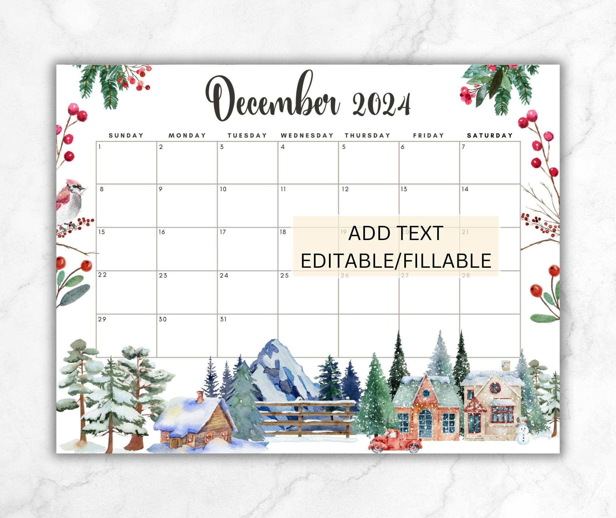 Editable December 2024 Calendar, Printable Wall Calendar 2024 Xmas with regard to 2024 December Calendar 8.5X11 Horizontal Printable