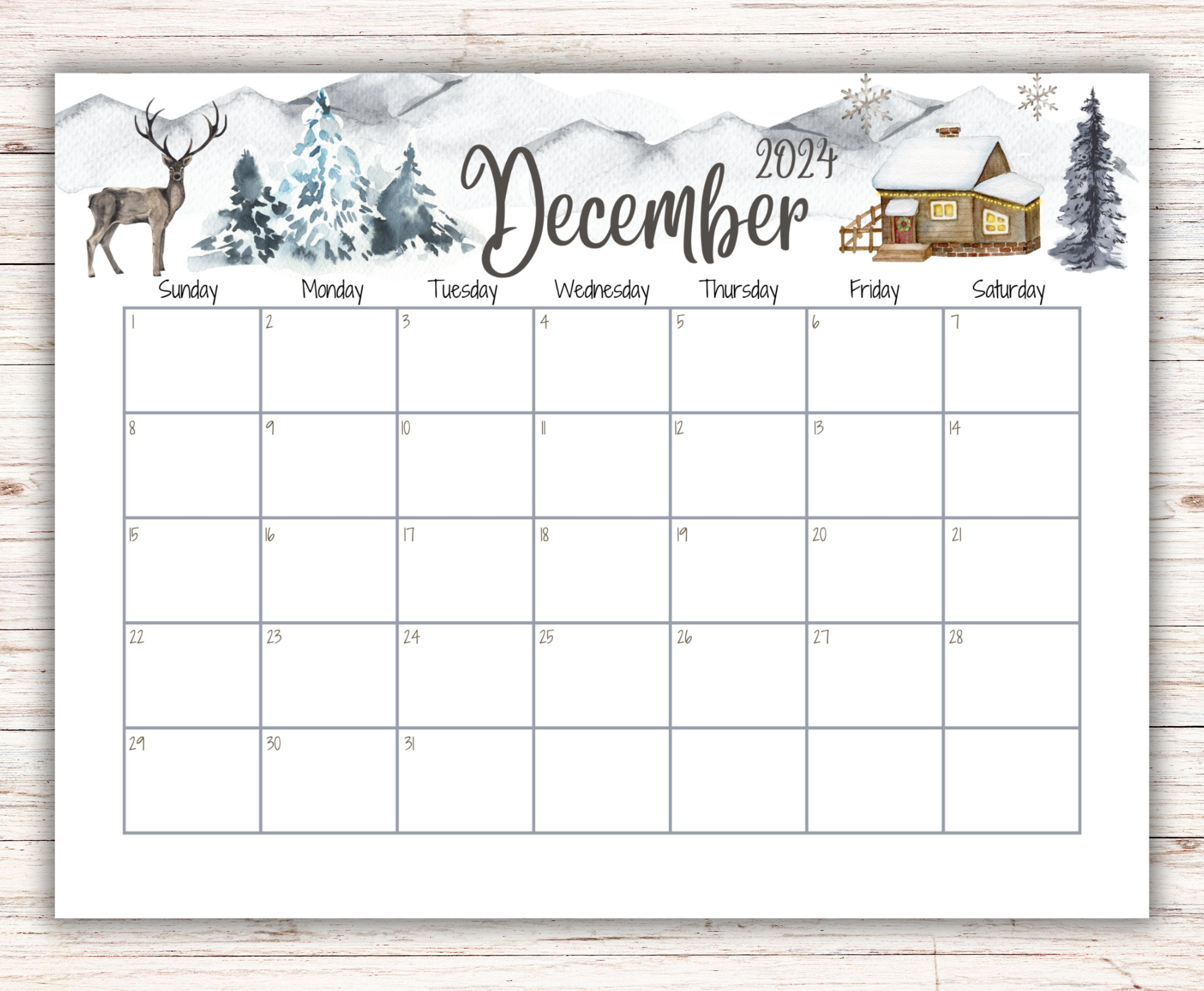 Editable December 2024 Calendar, Snowy House On The Hill And in December 2024 Full Page Printable Calendar