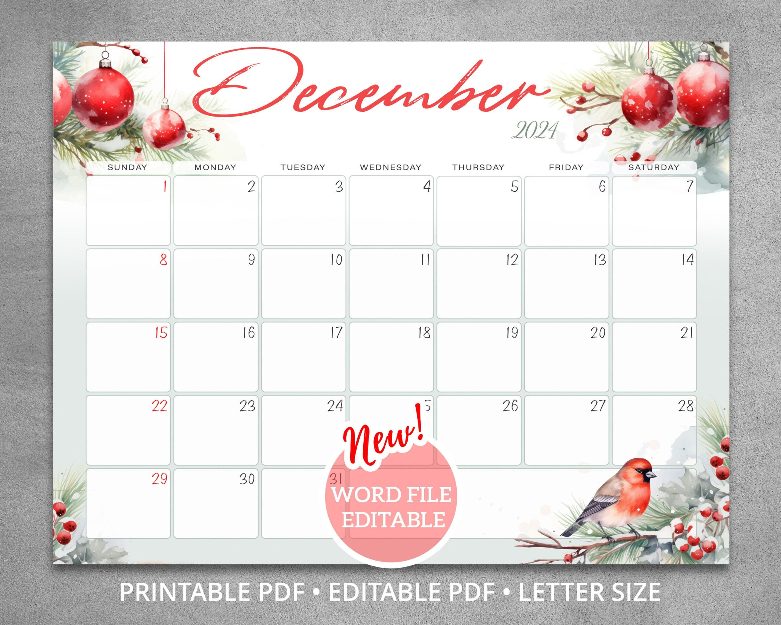 Editable December 2024 Calendar, Wall Calendar Merry Christmas And regarding 2024 December Calendar 8.5X11 Horizontal Printable