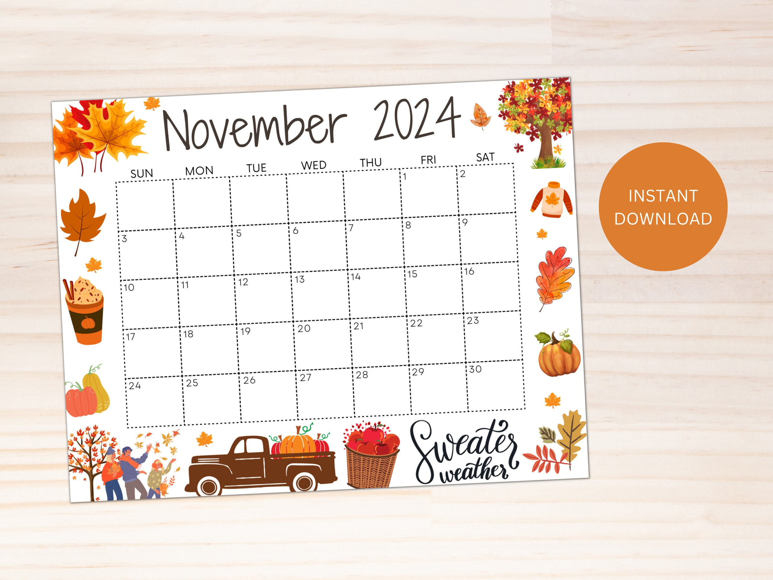 Editable November 2024 Calendar, Printable Fall Calendar, Wall within November 2024 Fall Calendar Printable Leaves Pumpkin