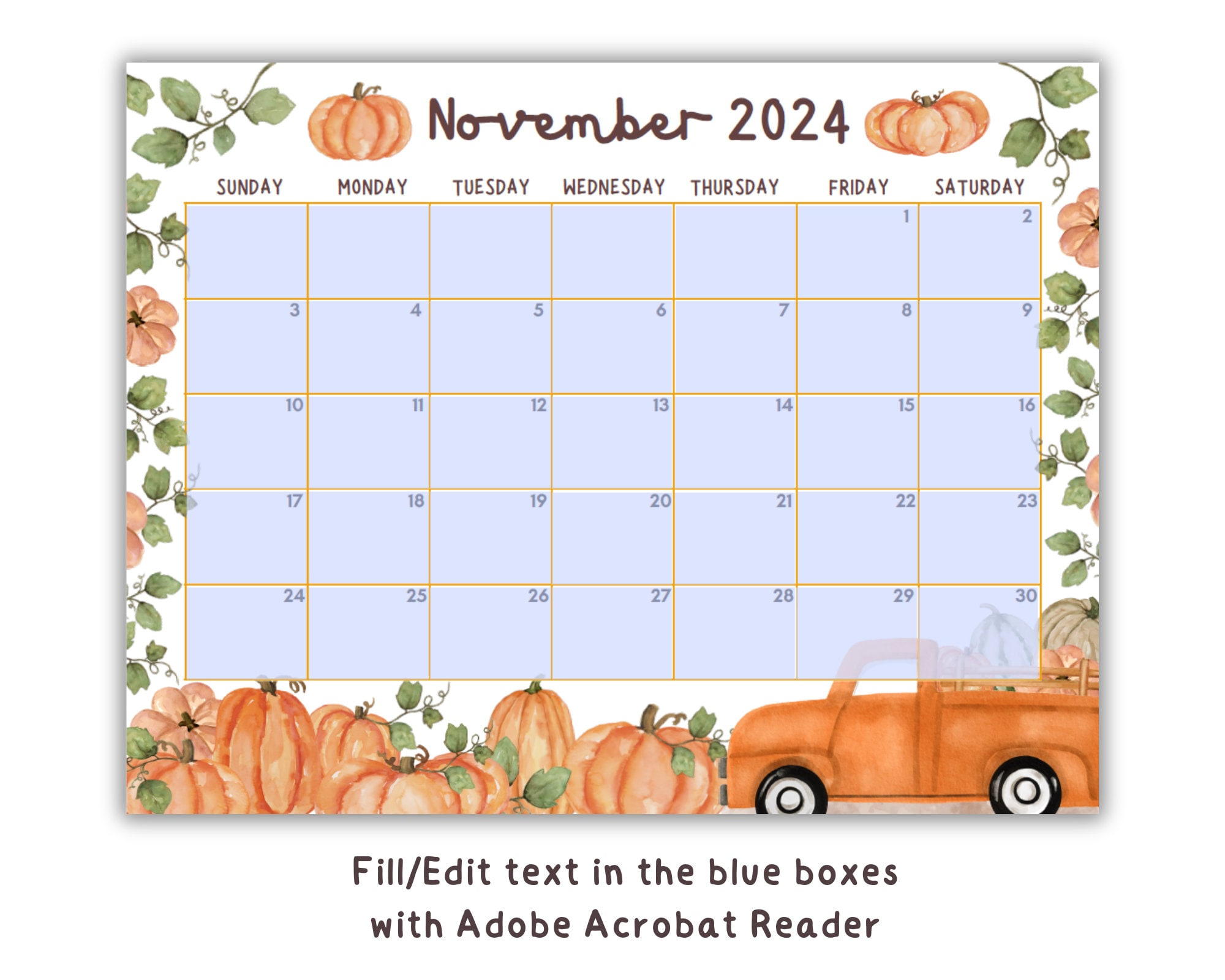 Editable November 2024 Calendar, Pumpkin Calendar, Thanksgiving with regard to November 2024 Fall Calendar Printable Leaves Pumpkin