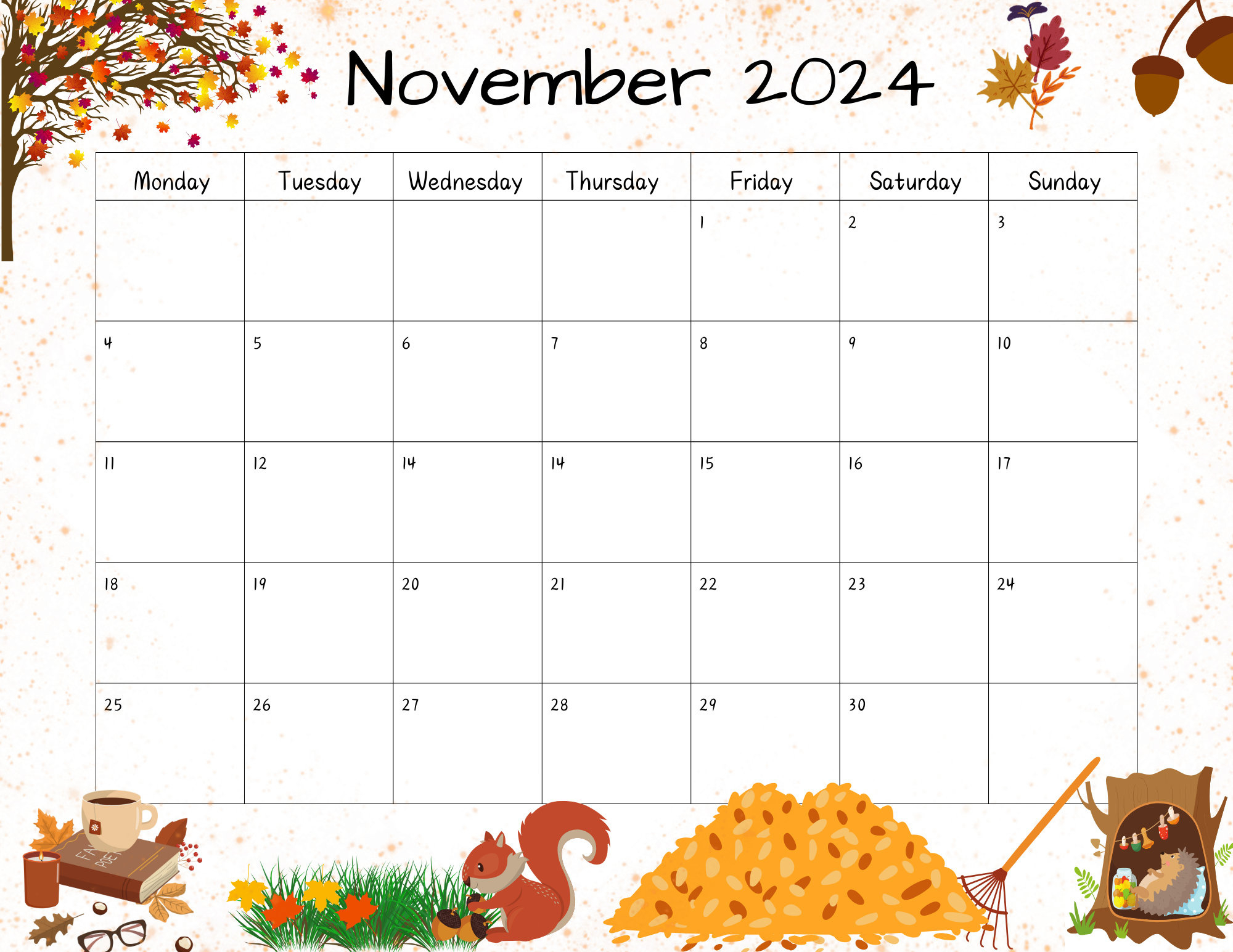 Editable November 2024 Calendar Template, Fillable Printable intended for November 2024 Calendar Thanksgiving Printable