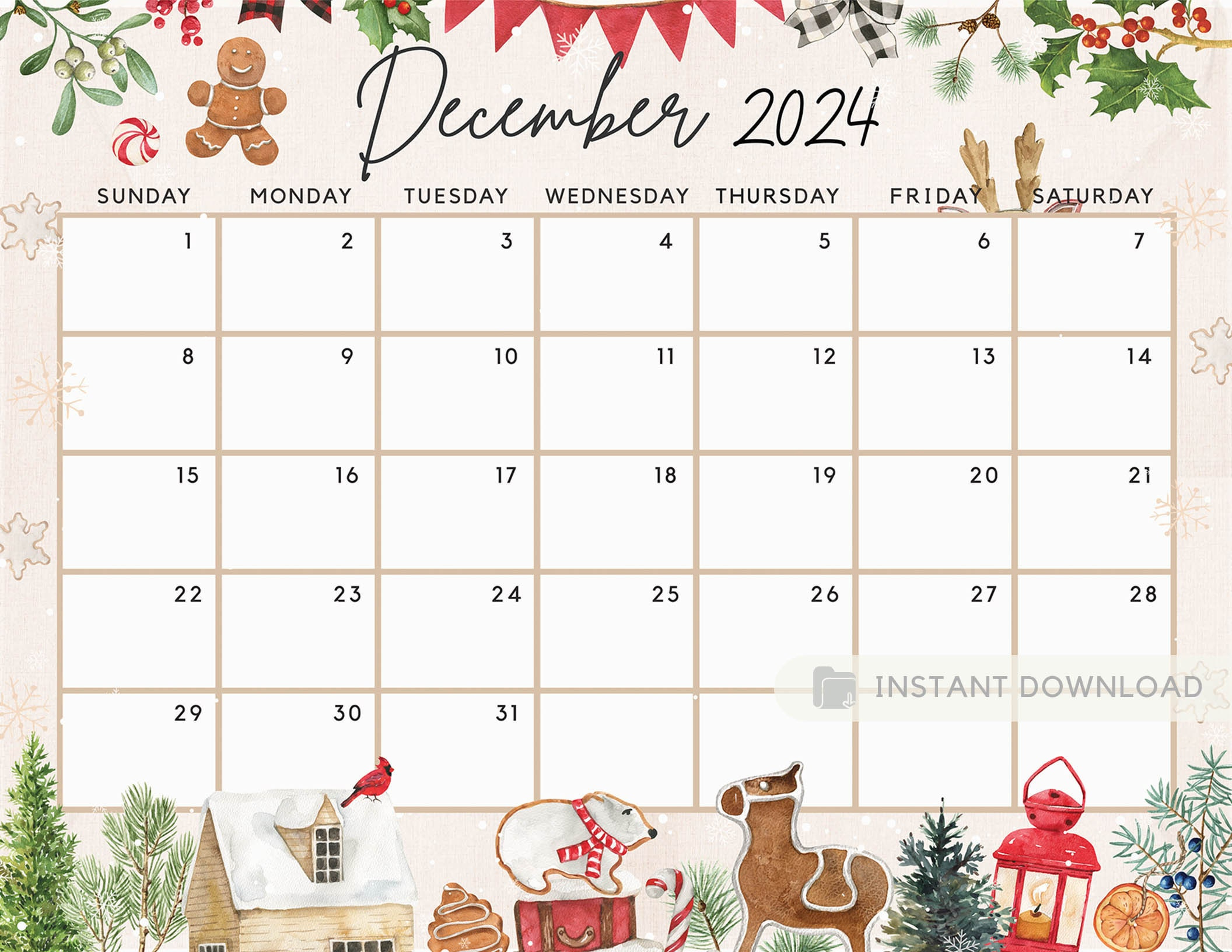 Fillable December 2024 Calendar, Cute Festive Snowy Winter for Christmas December 2024 Calendar Printable