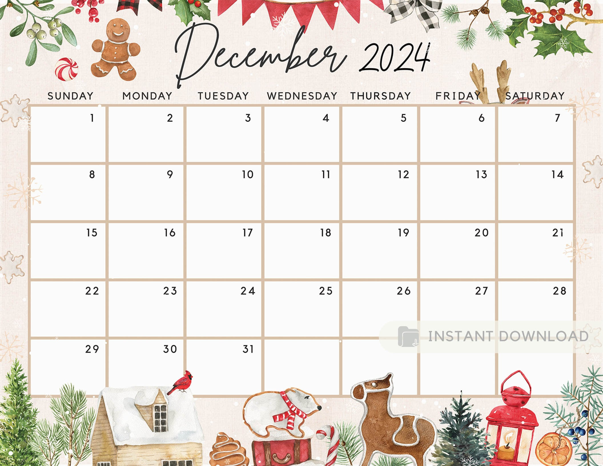 Fillable December 2024 Calendar, Cute Festive Snowy Winter throughout Christmas Cute December 2024 Calendar Printable