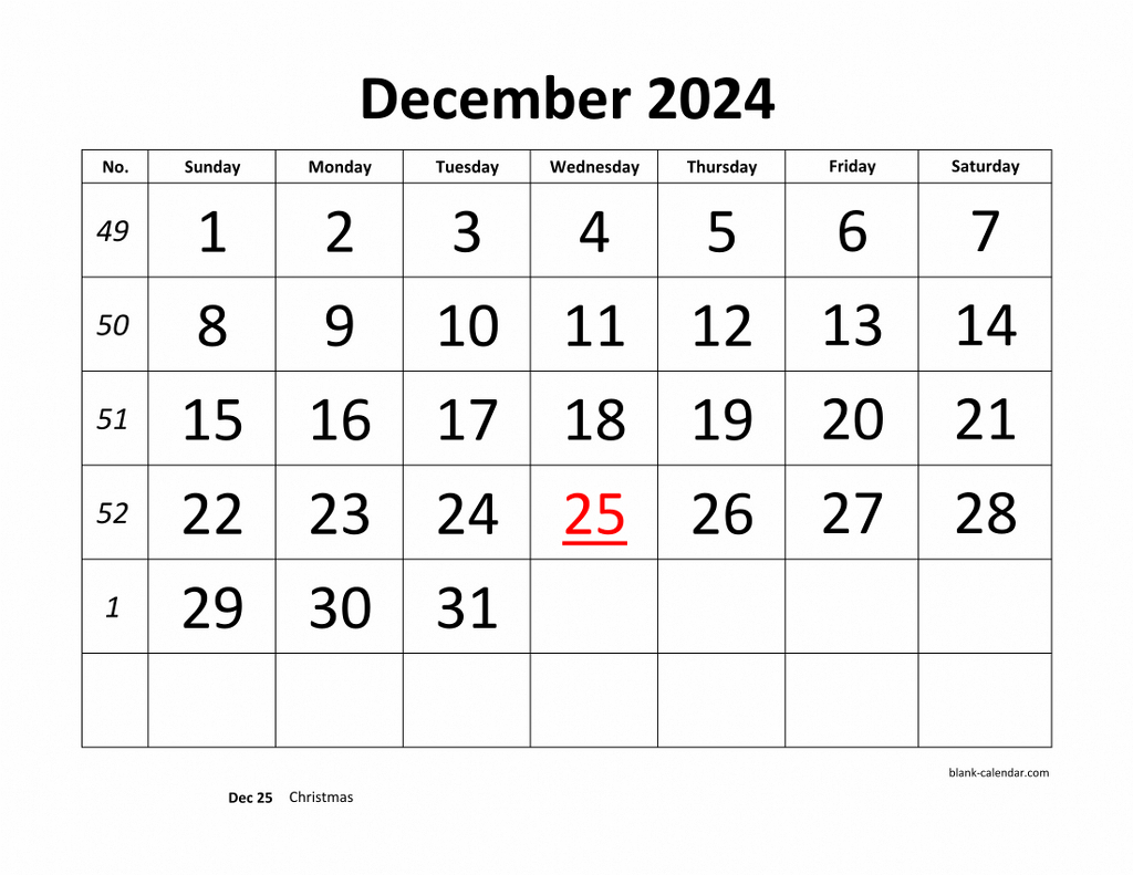 Free Download Printable December 2024 Calendar, Large Font Design for December 2024 Calendar Printable With Large Print