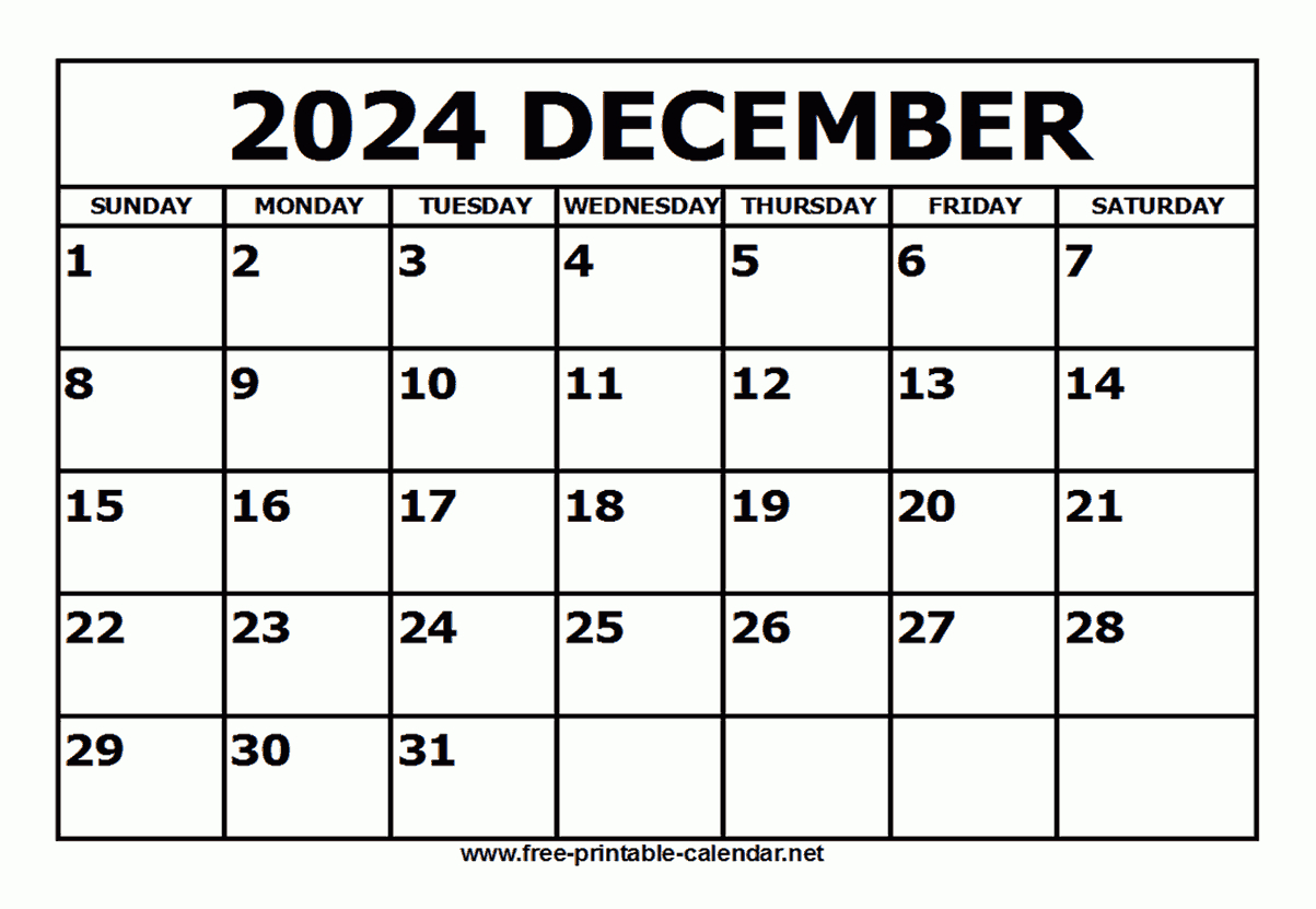 Free Printable December 2024 Calendar intended for December 2024 Calendar Free Printable Clipart