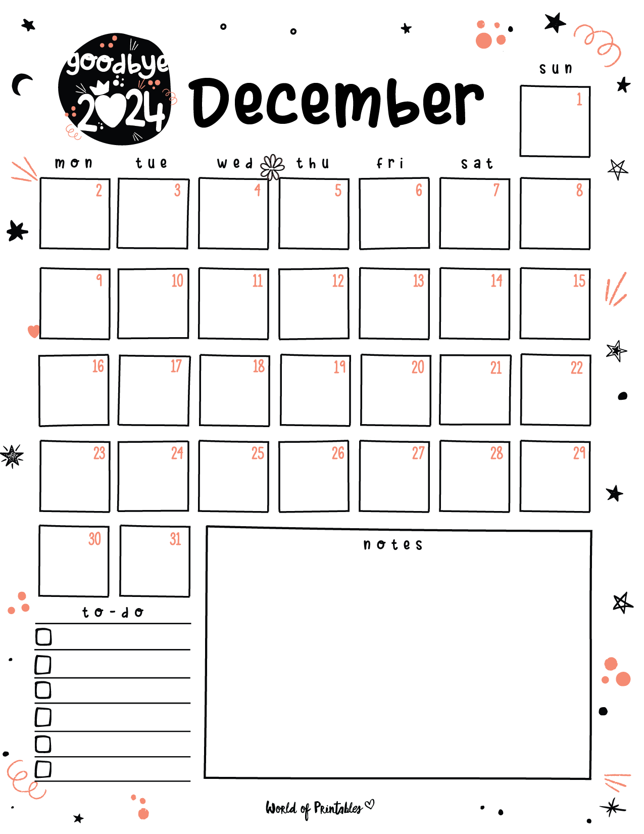 Free Printable December 2024 Planners - World Of Printables throughout Blank Things To Do List Calendar For December 2024 Printable