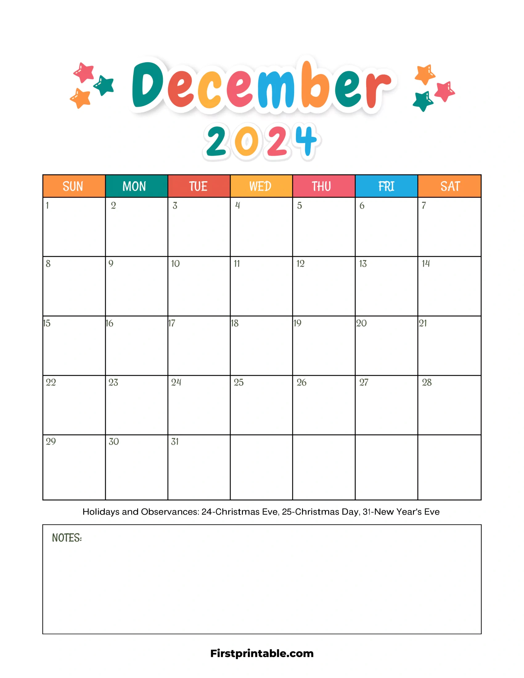 Free Printable &amp;amp; Fillable December Calendars 2024 in December 2024 Calendar Printable For Kids