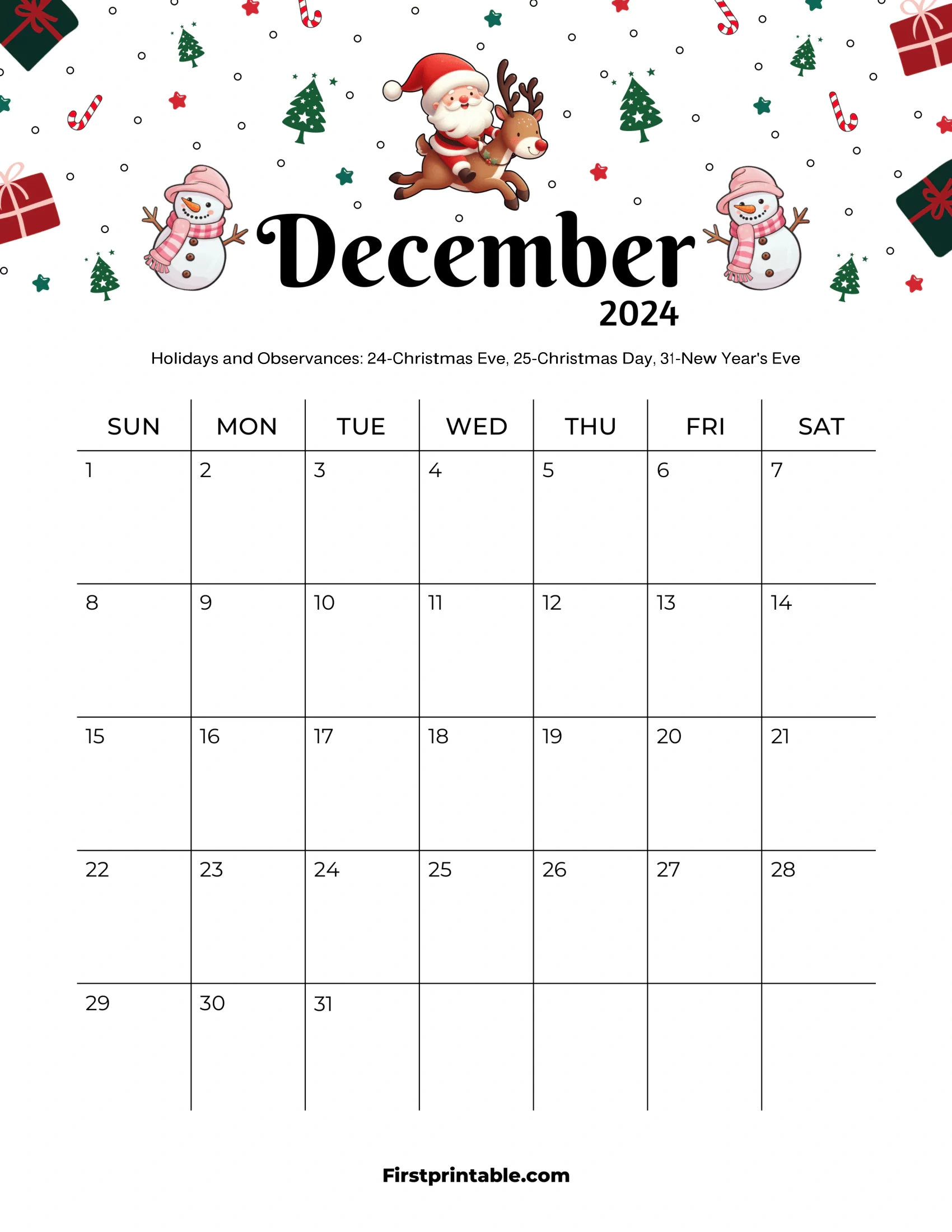 Free Printable &amp;amp; Fillable December Calendars 2024 in Printable December 2024 Christmas Calendar