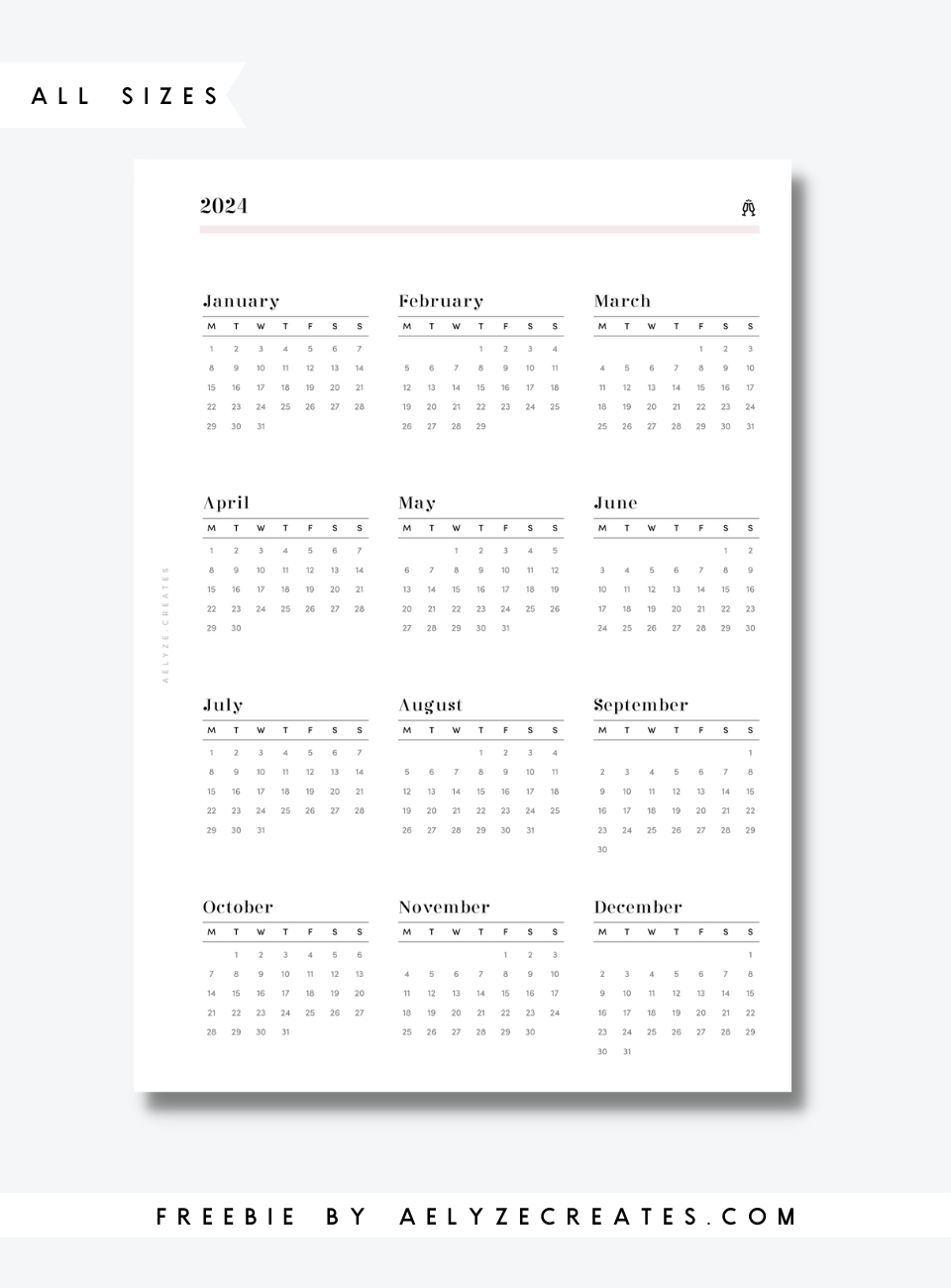 Freebie - All Sizes - 2024 Glance - Aelyzecreates intended for December 2024 Calendar Printable Fit In A5