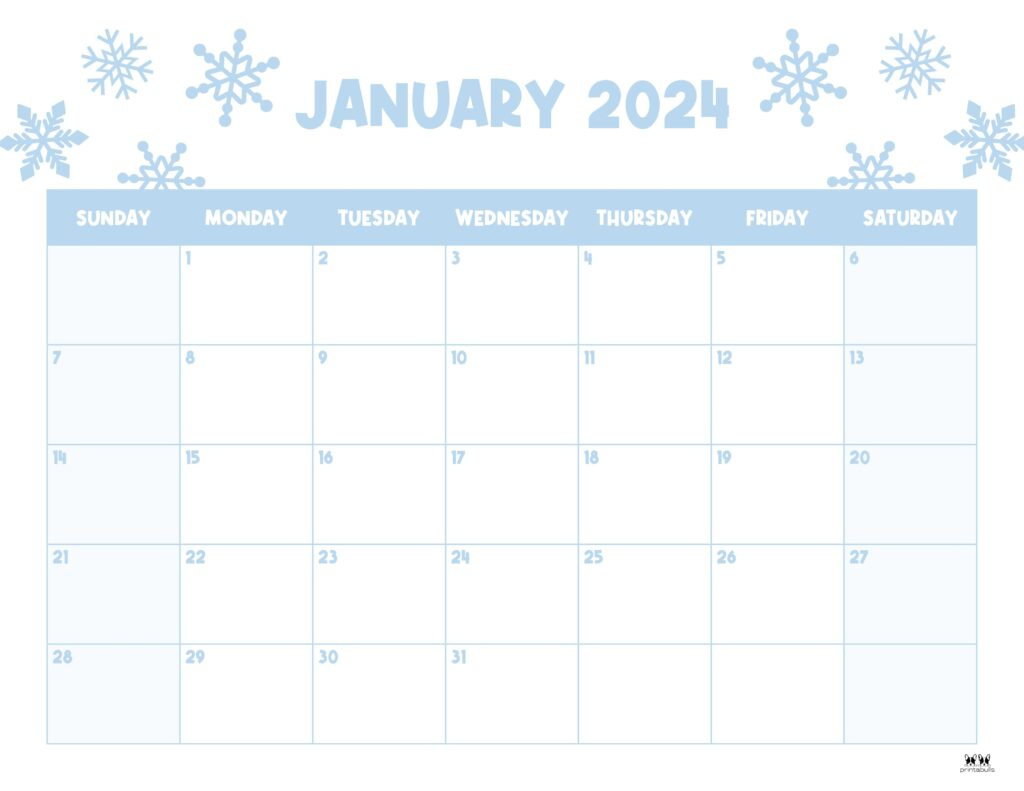 January 2024 Calendars - 50 Free Printables | Printabulls inside 2024 Calendar Free Printable January-December