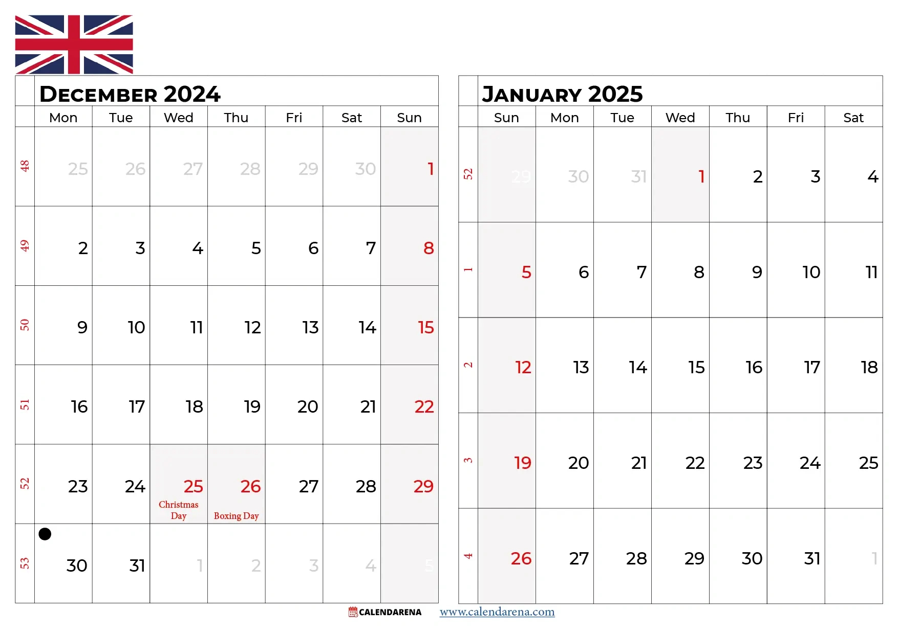 January 2025 Calendar Uk intended for December 2024 January 2025 Calendar Printable Uk