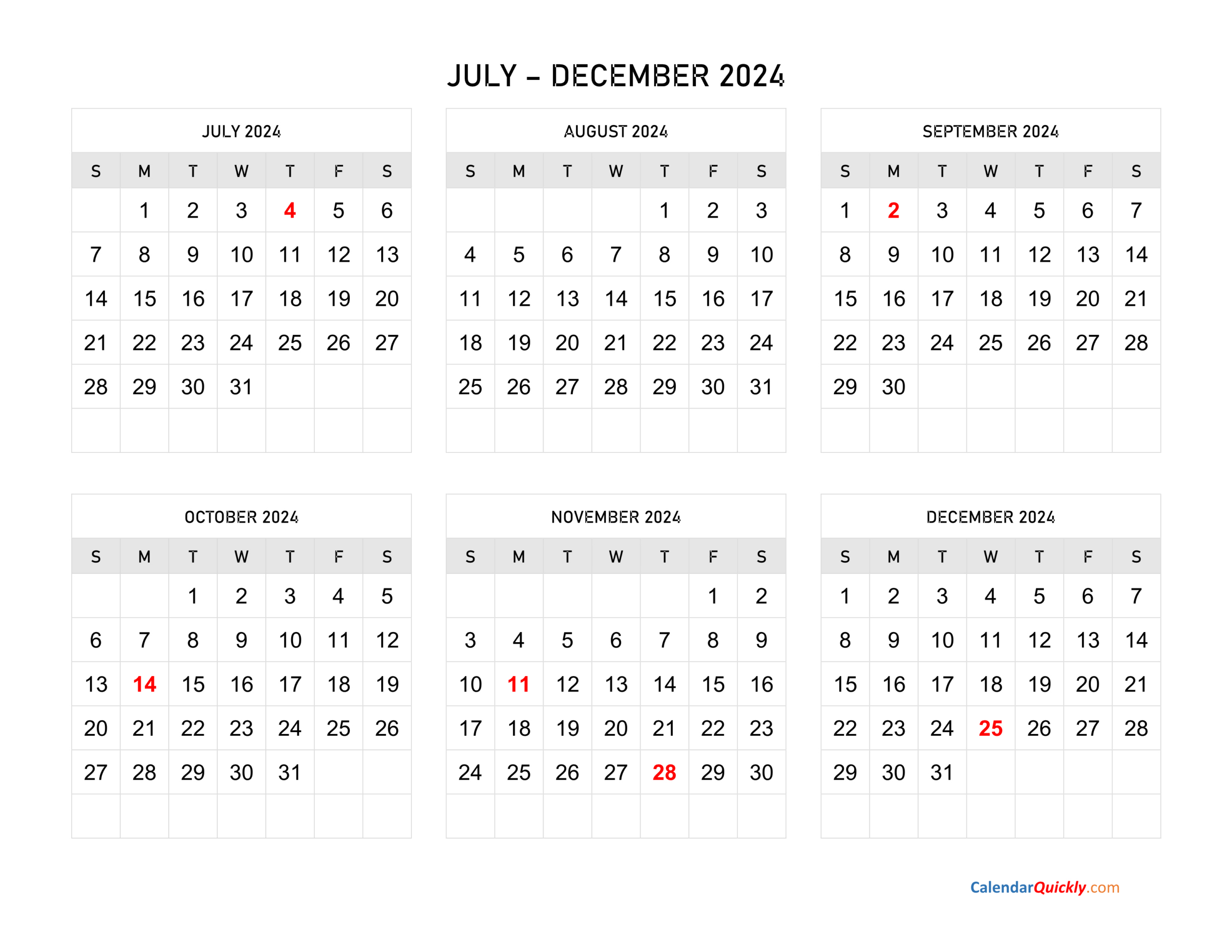 July To December 2024 Calendar Horizontal | Calendar Quickly throughout Printable Calendar July 2024 To December 2024