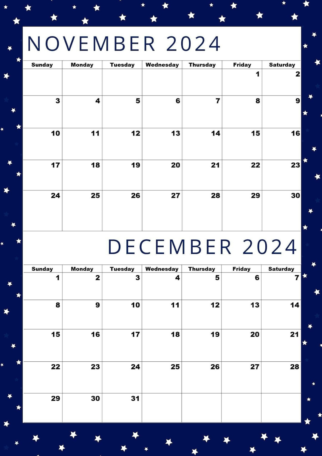 Kalender Für November Und Dezember 2024, Größe A4, Pdf, Druckbarer for Calendar Printable November December 2024