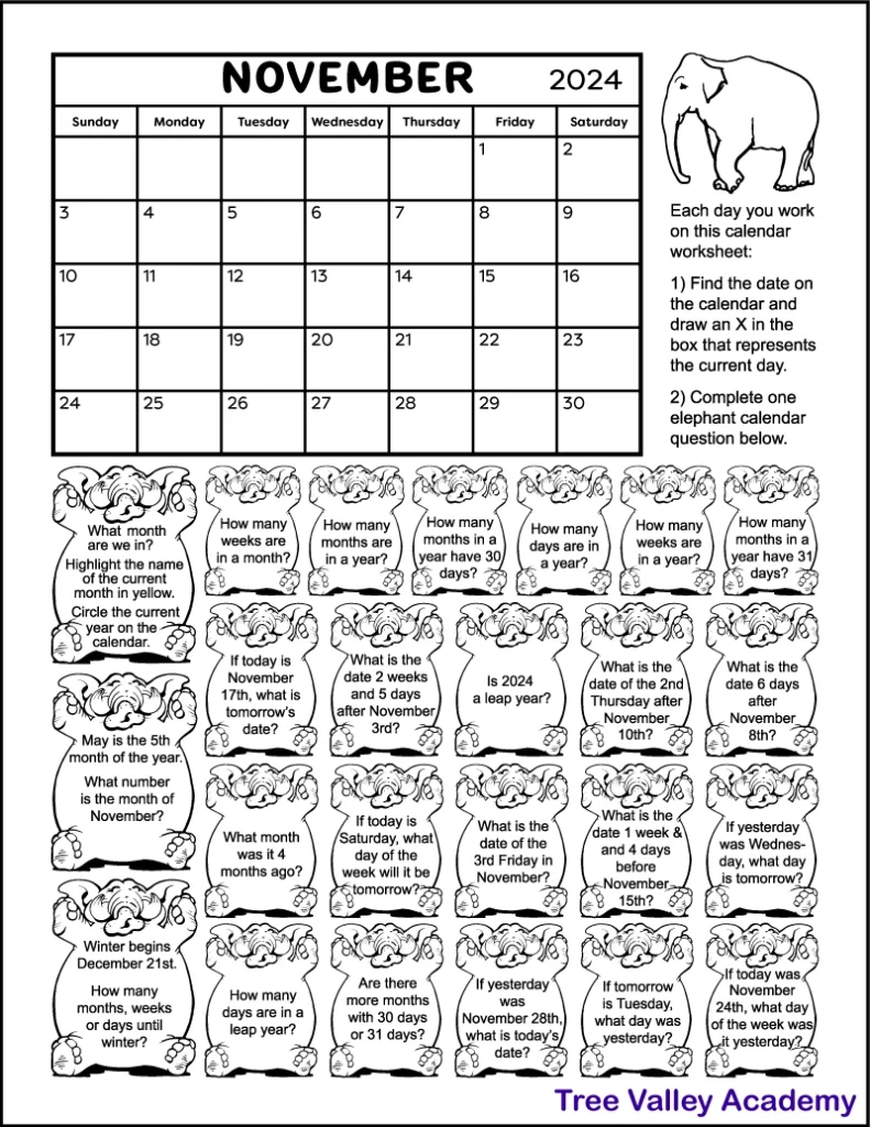 Kids Printable Calendar Worksheet For November 2024 throughout November 2024 Calendar For Kids Printable