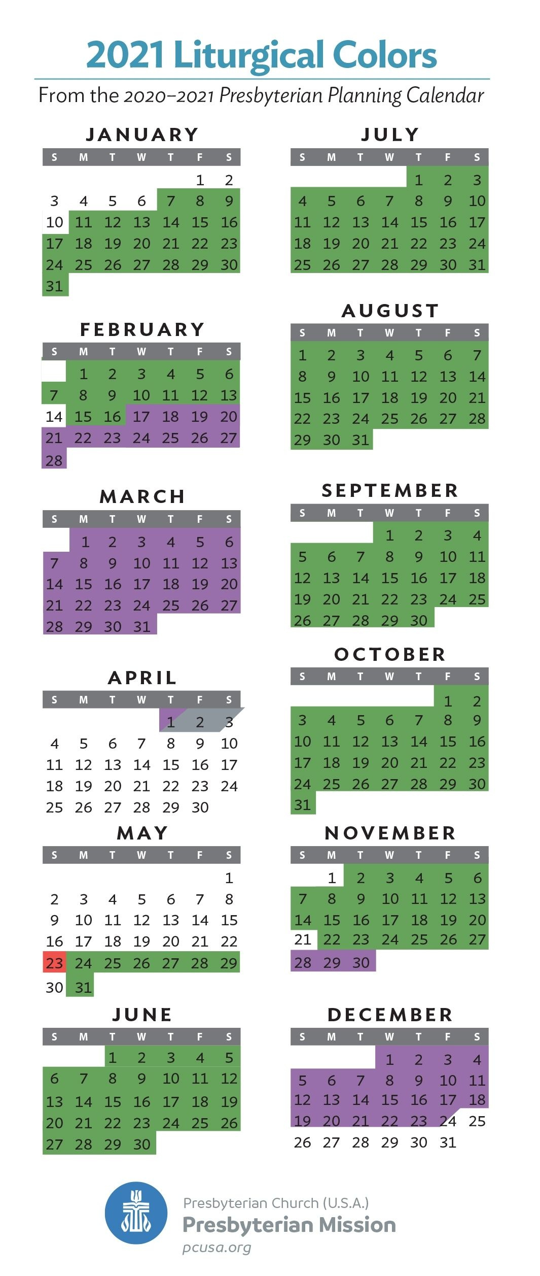 Liturgical Calendar Colors 2021 throughout 2024 Presbyterian Planning Calendar Printable July December