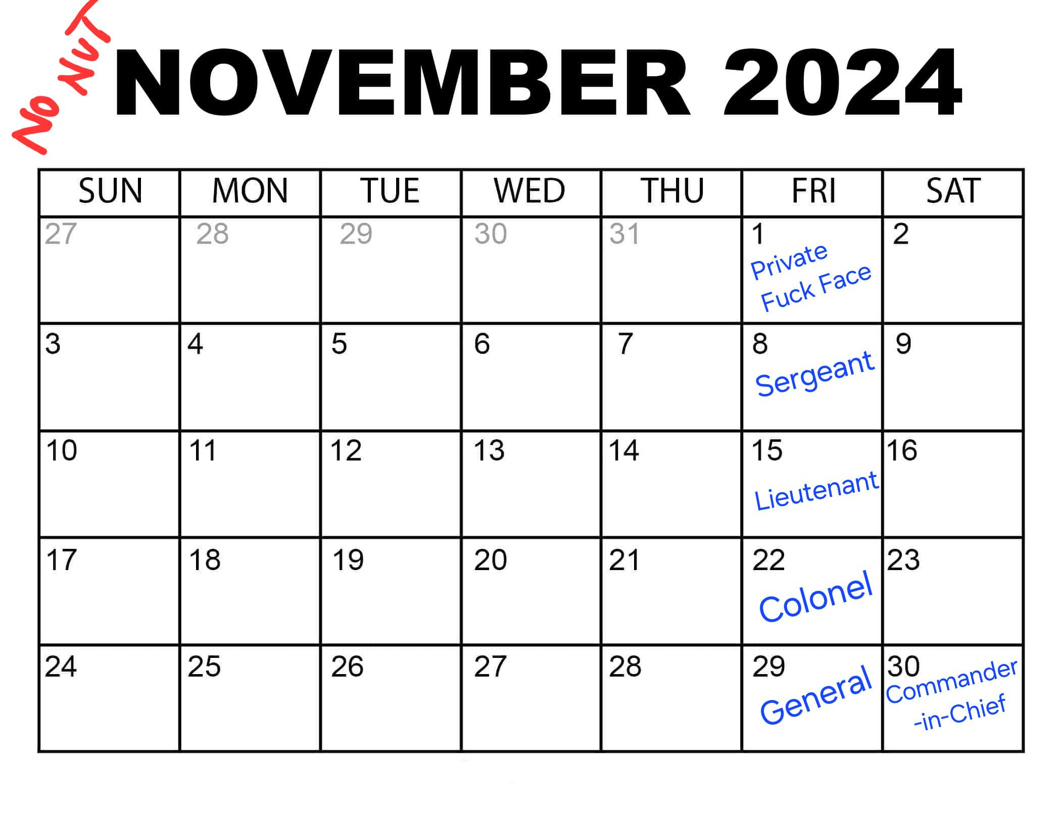 Military Ranking No Nut November Calendar 2024 : R/Nonutnovember intended for No Nut November Calendar 2024 Printable