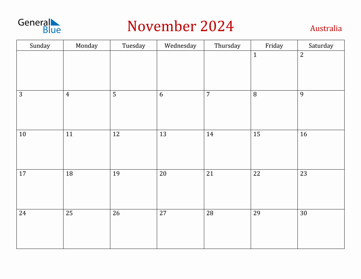 November 2024 Australia Monthly Calendar With Holidays inside November 2024 Calendar Printable Australia