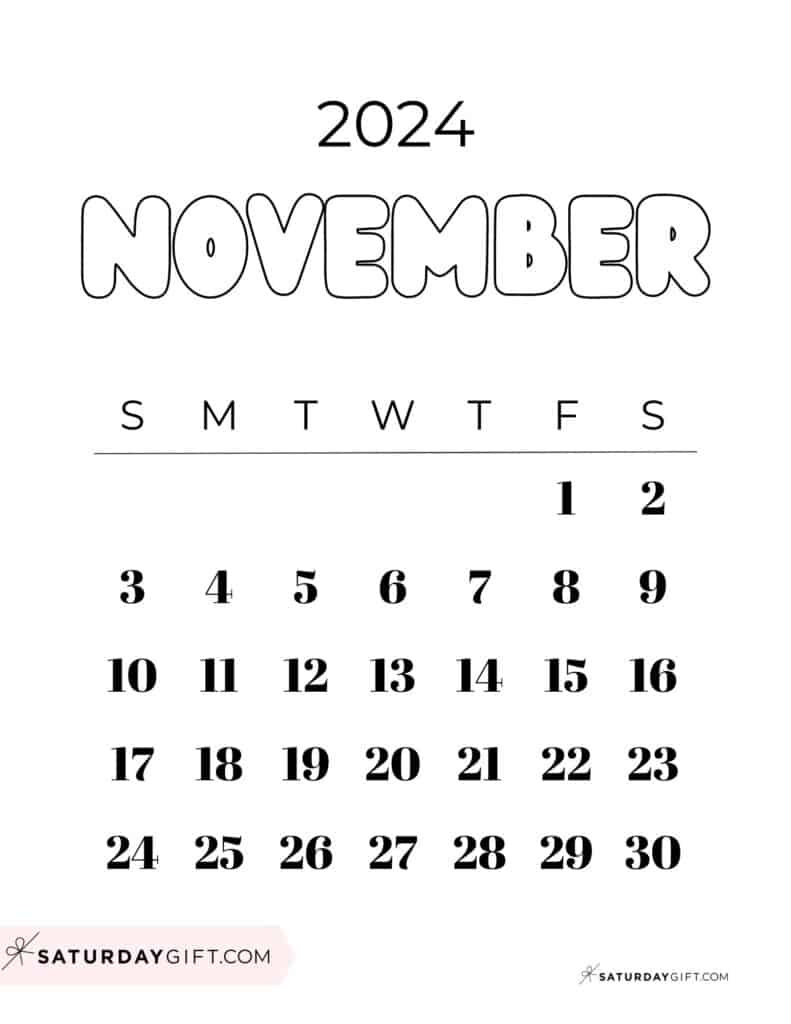 November 2024 Calendar - 20 Cute &amp;amp; Free Printables | Saturdaygift within November 2024 Calendar Printable 8 X 11