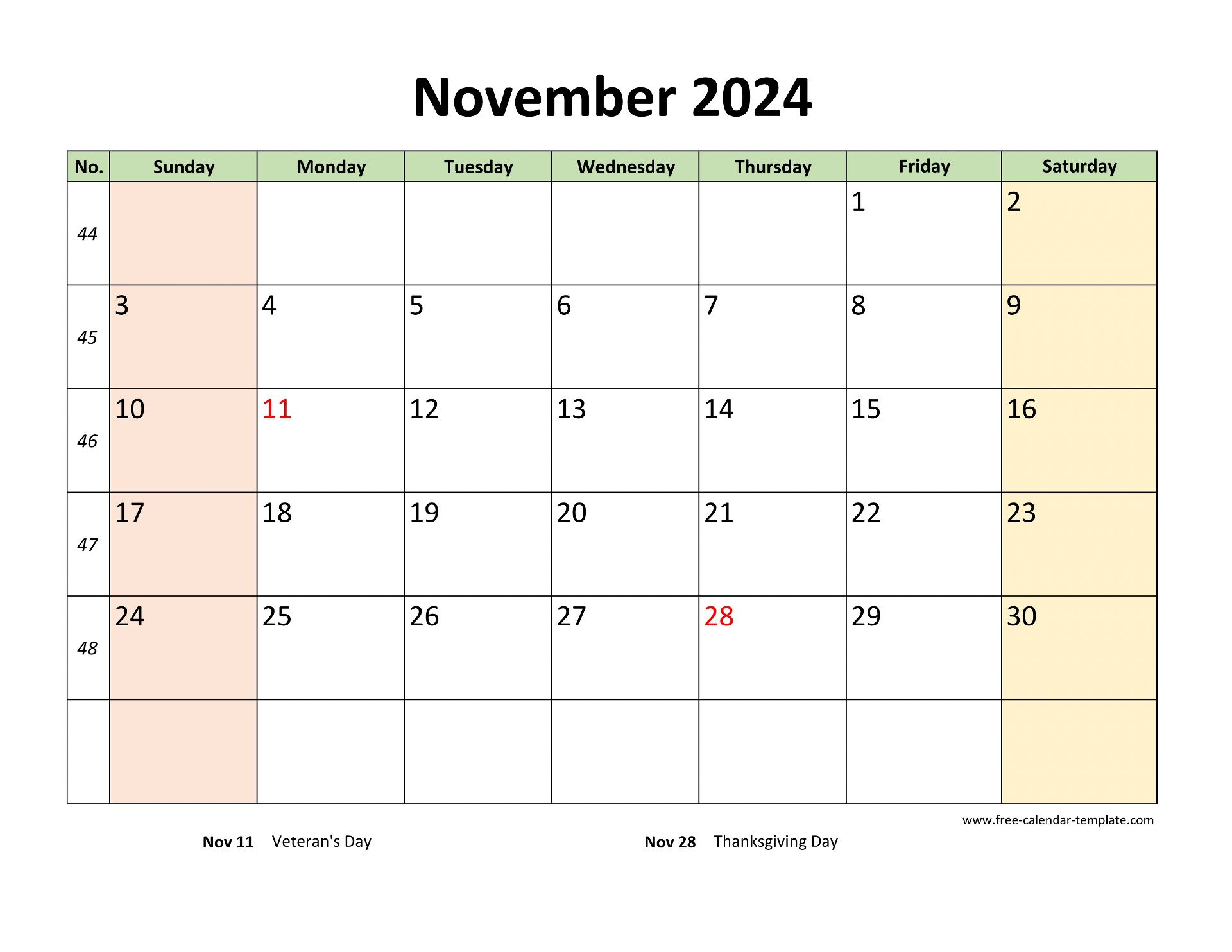 November 2024 Calendar Printable With Coloring On Weekend pertaining to November 2024 Calendar Printable Color