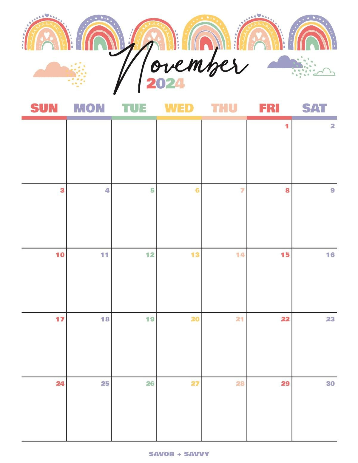 November 2024 Calendar Templates – 14 Free Printables - Savor + Savvy in November 2024 Calendar Binder Printable