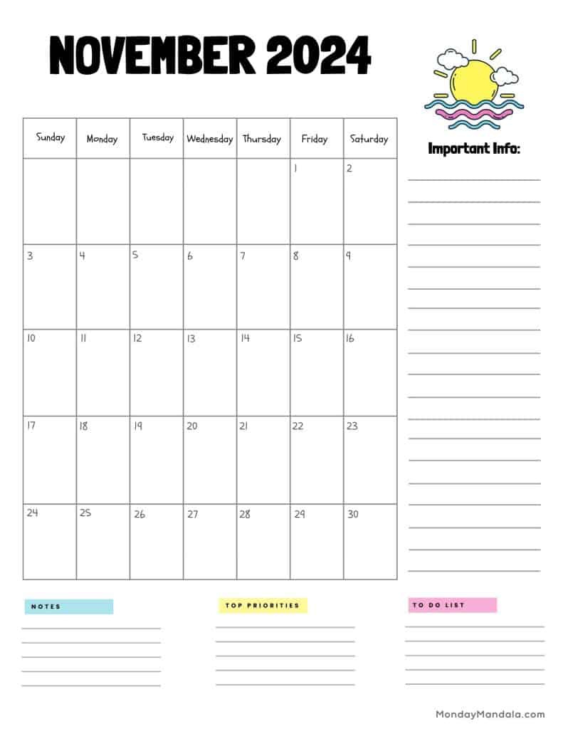 November 2024 Calendars (52 Free Printable Pdfs) regarding November 2024 Printable Calendar With Notes Section