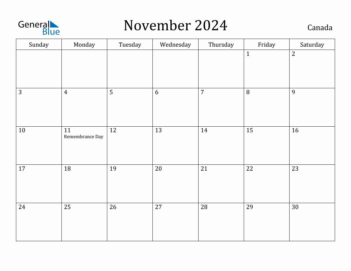 November 2024 Monthly Calendar With Canada Holidays inside November 2024 Calendar Printable Canada