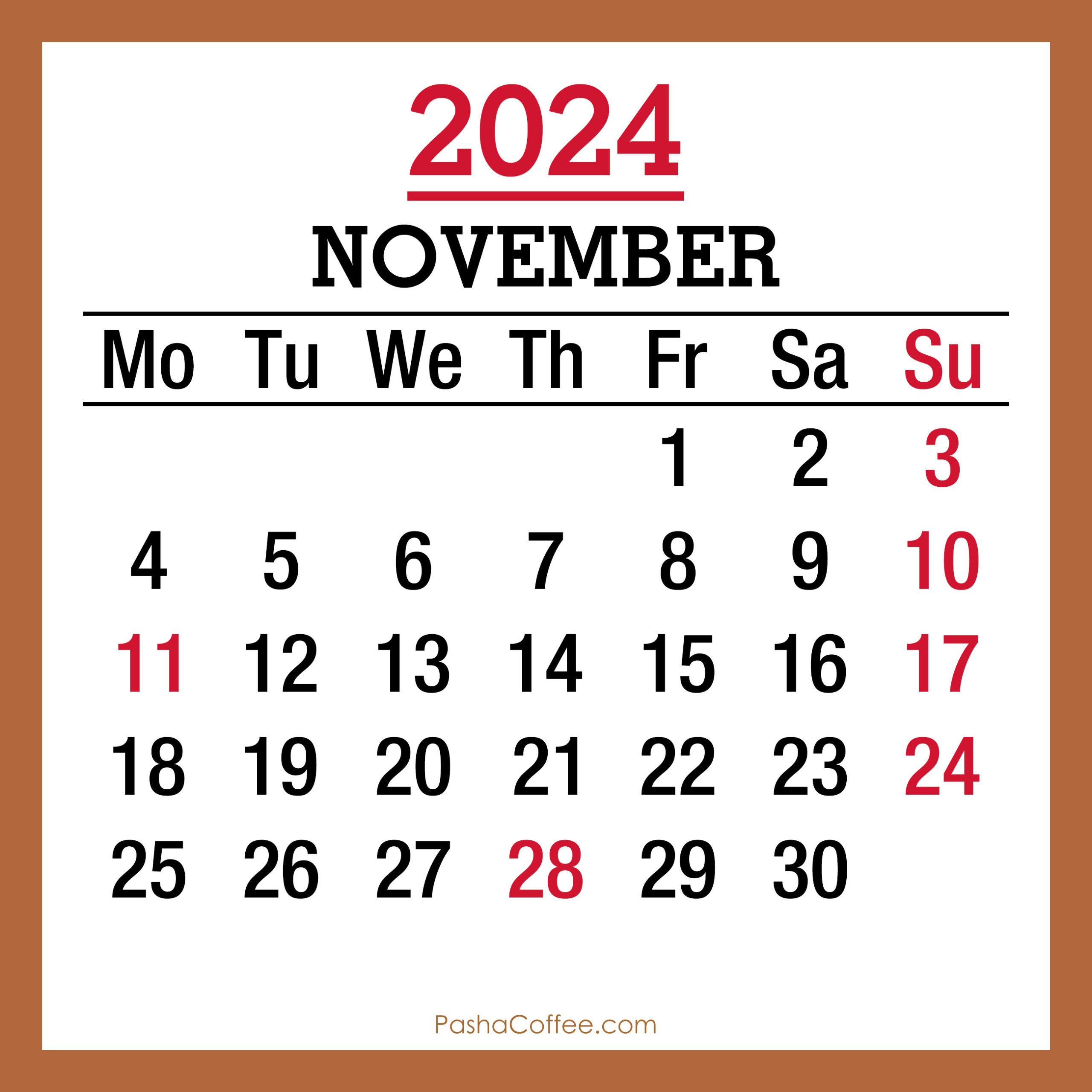 November 2024 Monthly Calendar With Holidays, Printable Free in November 2024 Calendar Printable Free That Starts With Monday