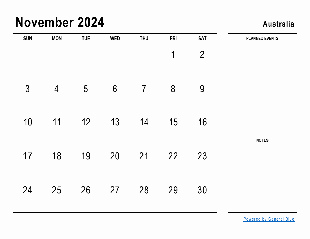 November 2024 Planner With Australia Holidays inside November 2024 Calendar Printable Australia