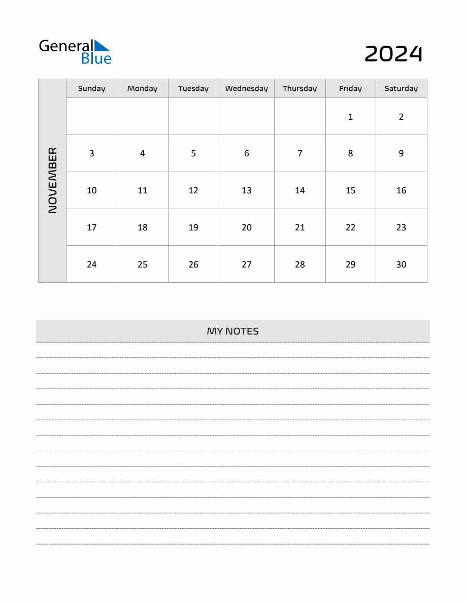 November 2024 Printable Monthly Calendar With Notes within November 2024 Printable Calendar With Notes Section