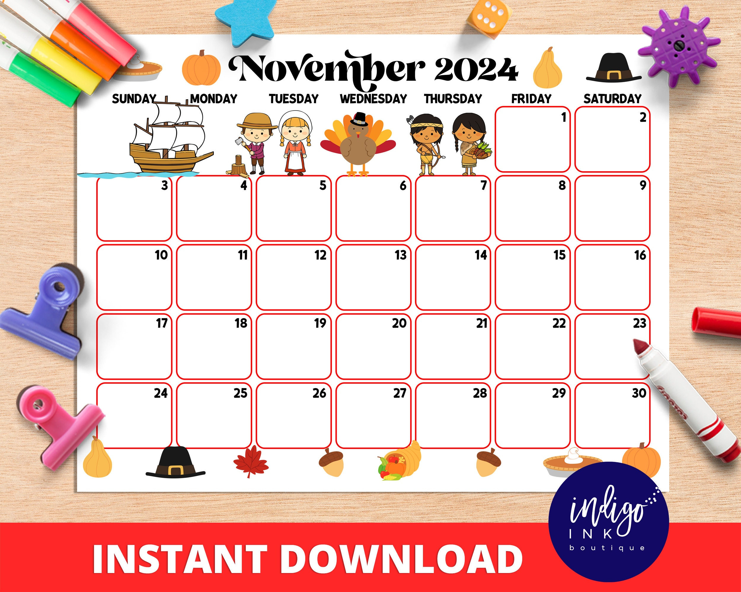 November Calendar Instant Download Monthly Planner Digital with regard to November 2024 Printable Calendar For A Boy Disney