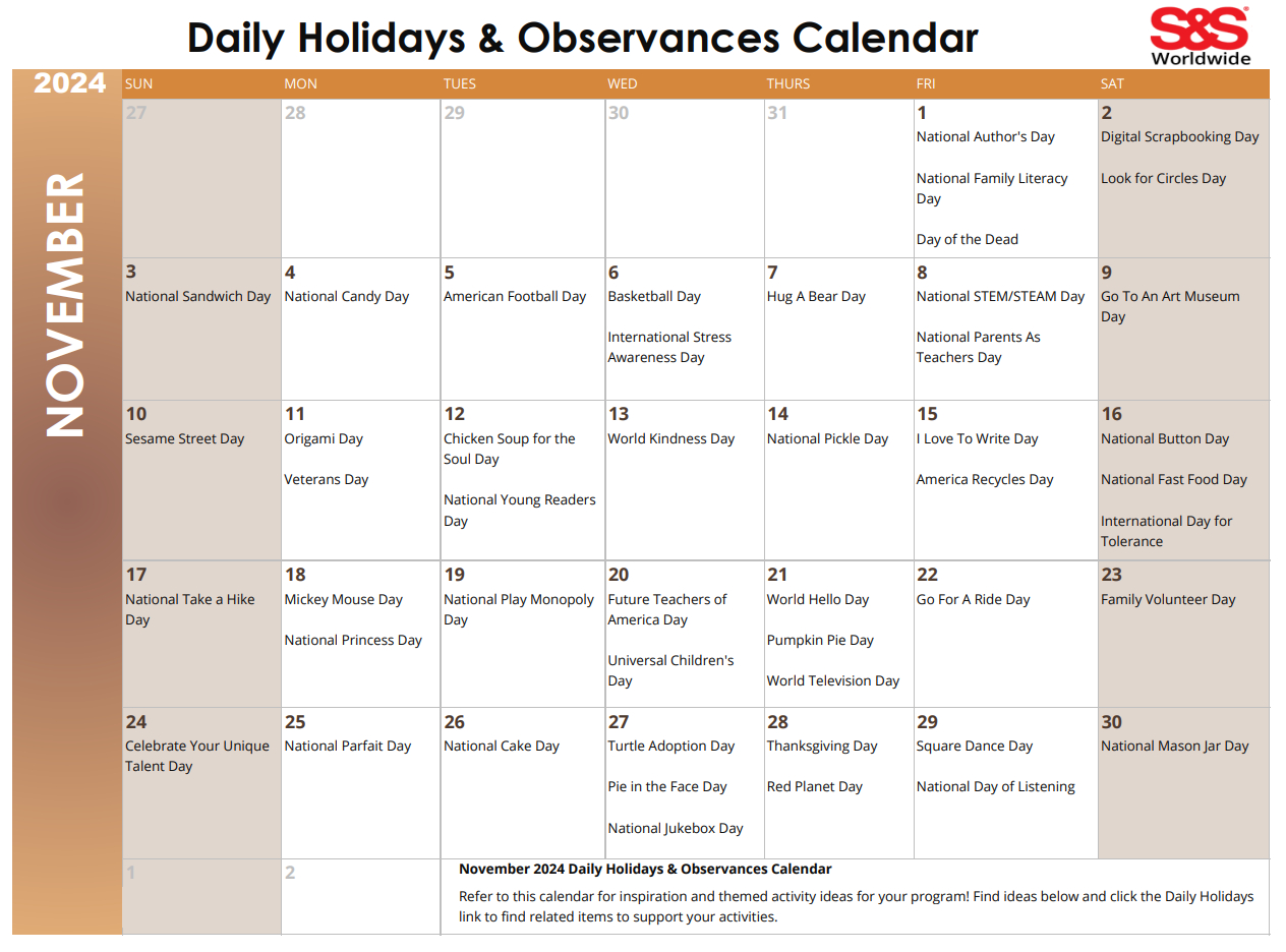 November Daily Holidays &amp;amp; Observances Printable Calendar - S&amp;amp;S Blog pertaining to National Day Calendar November 2024 Printable