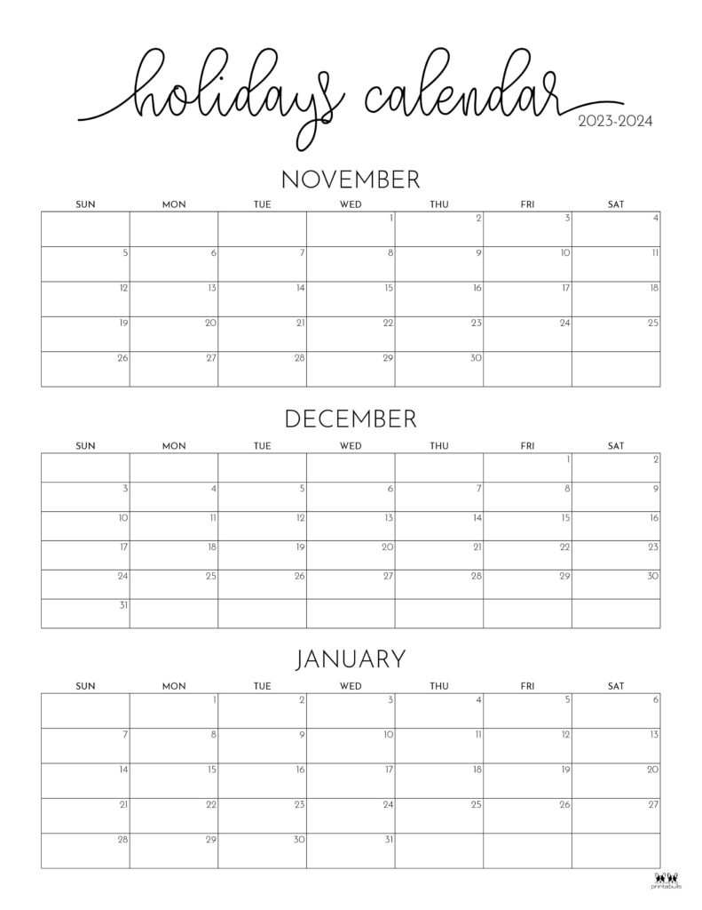 November December 2023 Calendars - 12 Printables | Printabulls for November December 2024 January 2024 Calendar Printable