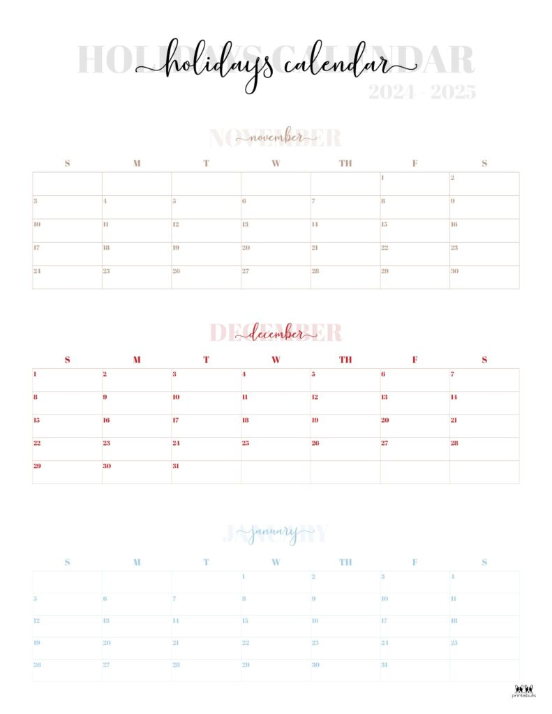 November December 2024 Calendars - 28 Printables | Printabulls for November December 2024 - January 2025 Calendar Printable