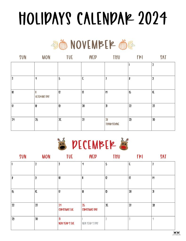 November December 2024 Calendars - 28 Printables | Printabulls in Calendar 2024 November And December Printable