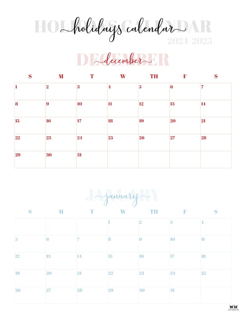 November December 2024 Calendars - 28 Printables | Printabulls intended for Calendar End Of December 2024 And Beginning Of January 2025 Printable