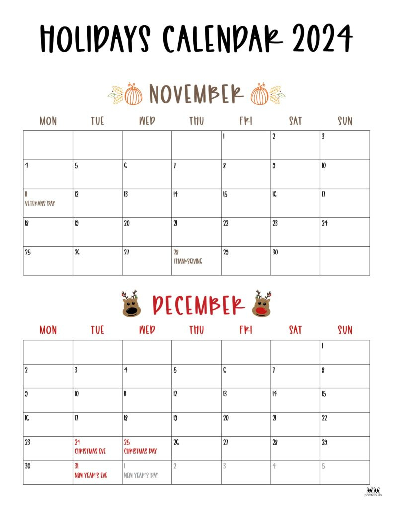 November December 2024 Calendars - 28 Printables | Printabulls with regard to 2024 Calendar Printable Novermber And December