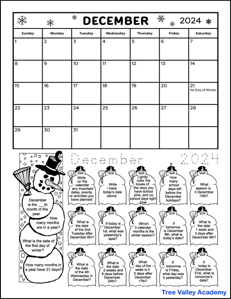 Printable December 2024 Calendar &amp;amp; Kids Calendar Worksheets for 2024 Coloring Calendar Printable December