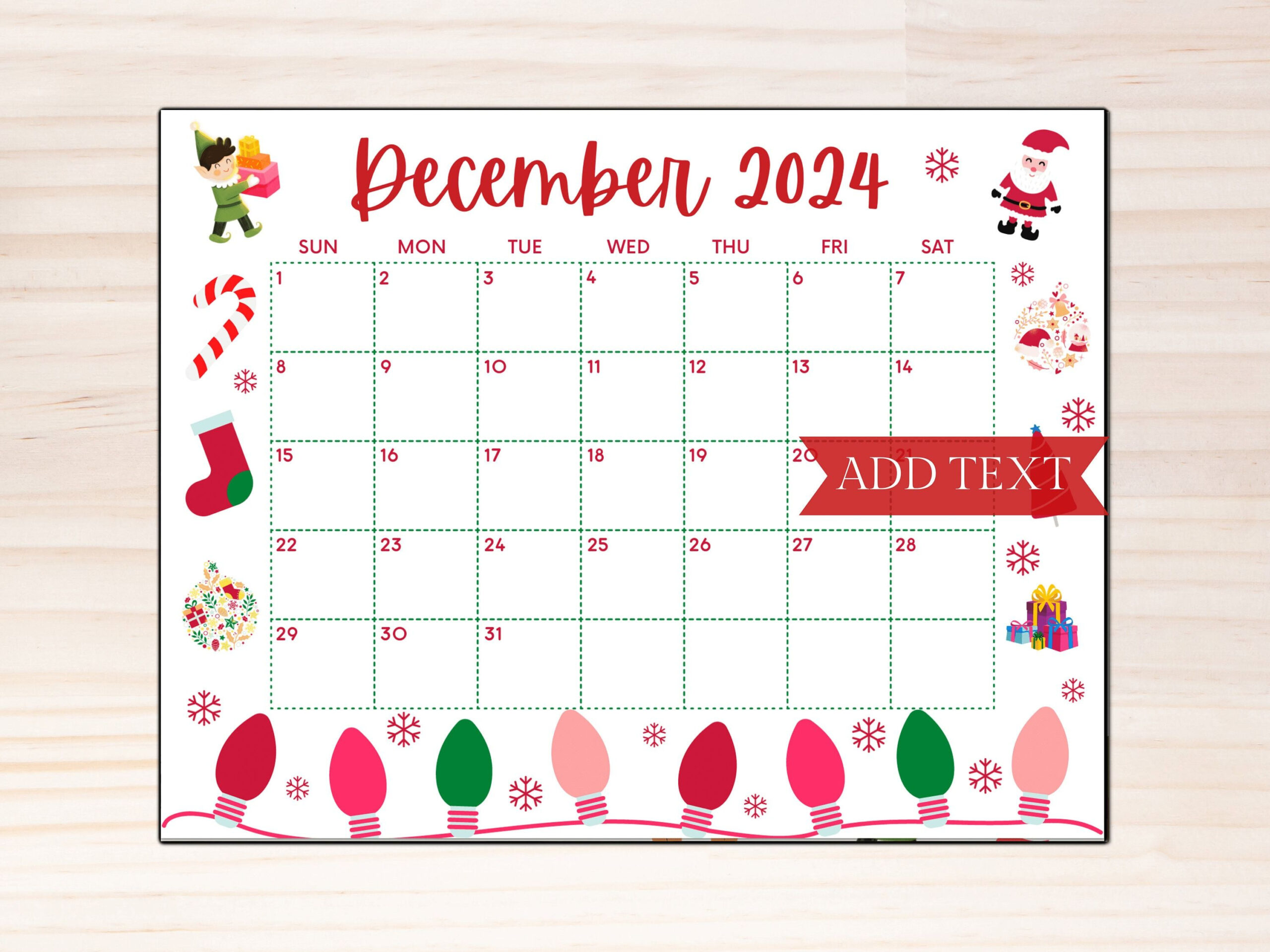 Printable December Calendar 2024, Christmas Calendar, Holiday for Christmas December 2024 Calendar Printable