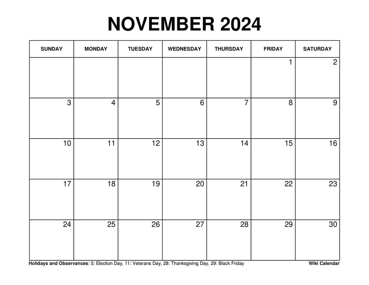 Printable November 2024 Calendar Templates With Holidays - Wiki in November 2024 Calendar Printable 8 X 11