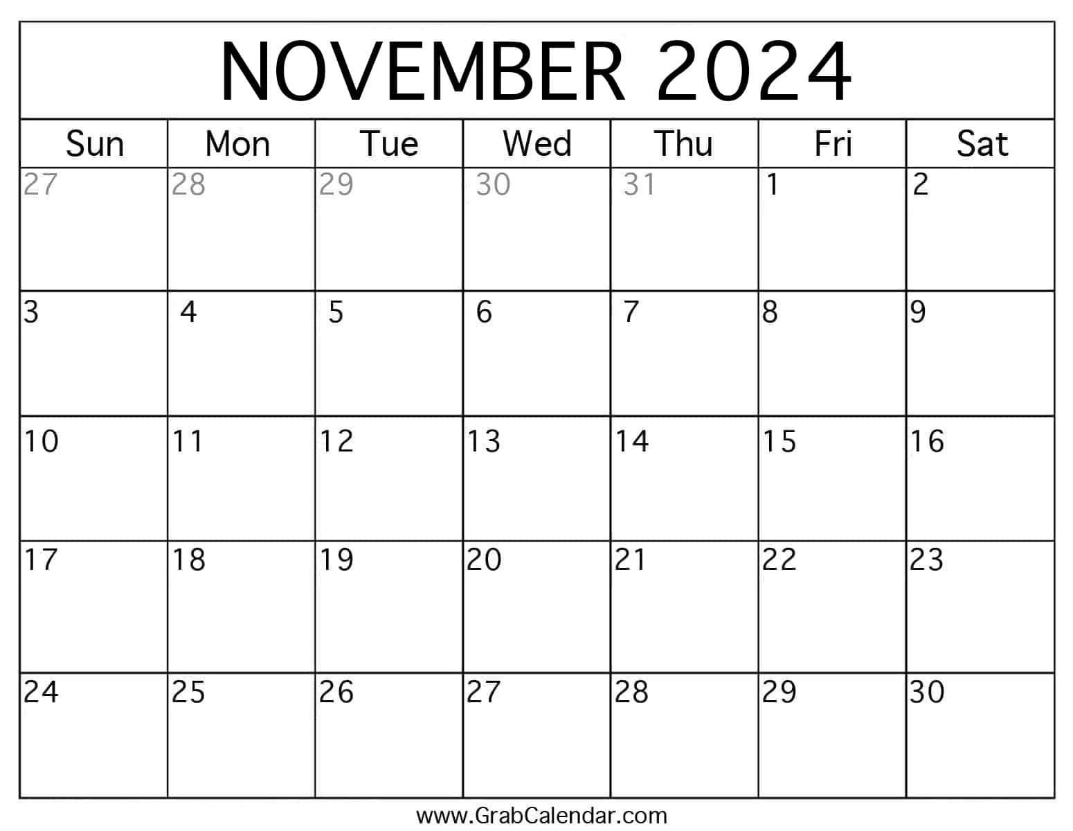 Printable November 2024 Calendar within November 2024 Monthly Calendar Free Printable Kindergarten