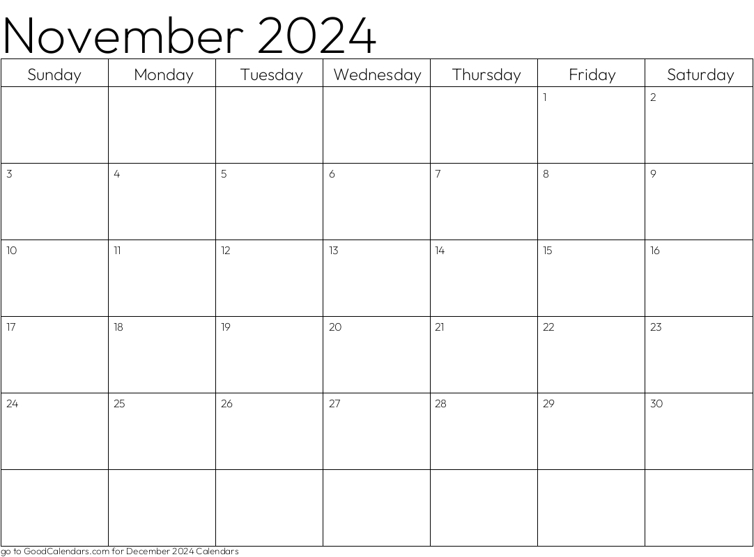 Standard November 2024 Calendar Template In Landscape inside November 2024 Calendar Printable Landscape