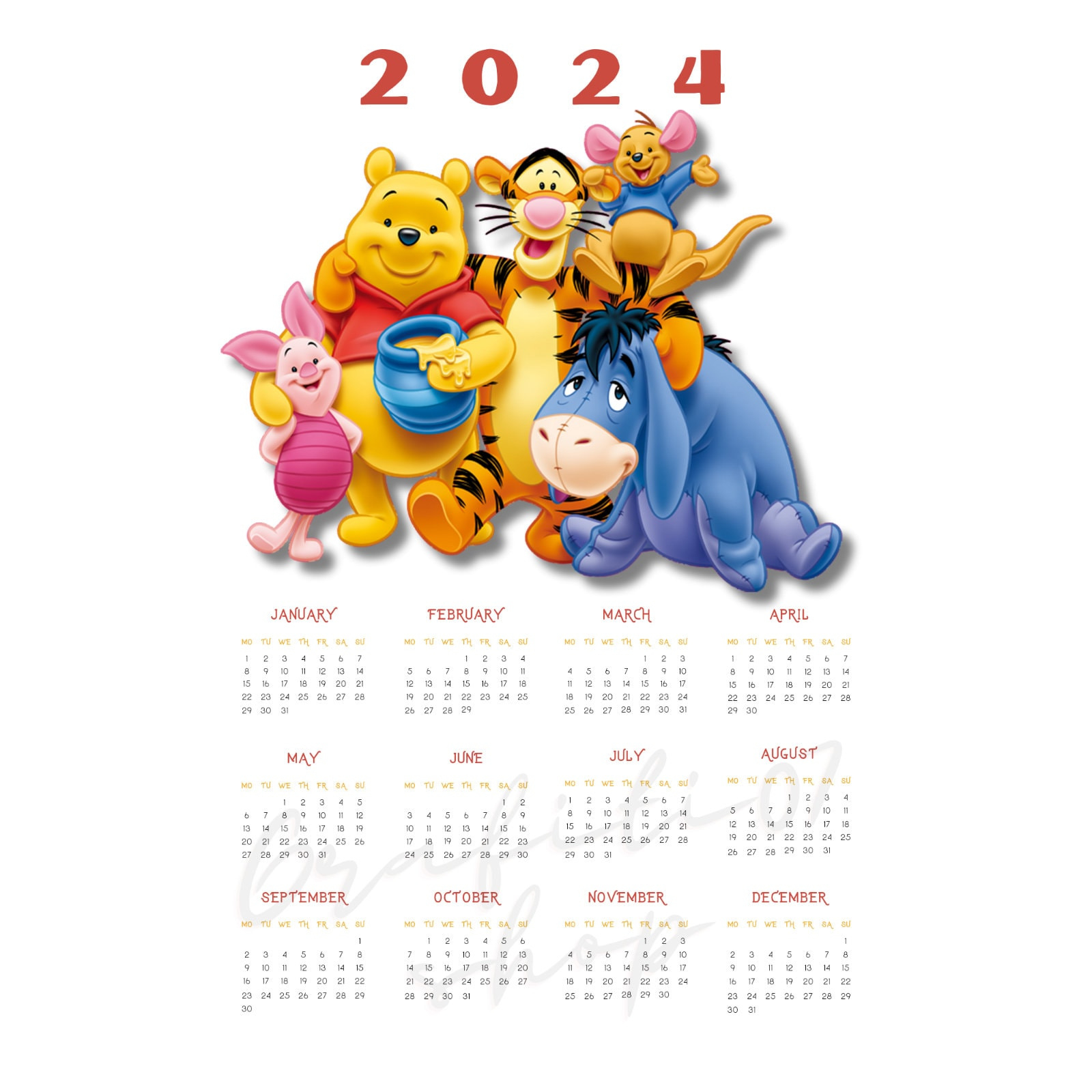 Winnie The Pooh Themed Calendar, 2024 Calendar, New Year Calendar pertaining to 2024 December Calendar Printable Winnie The Pooh