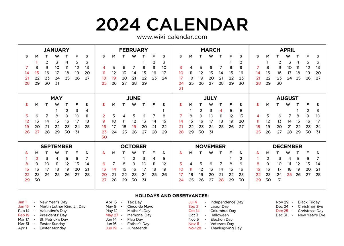 Year 2024 Calendar Printable With Holidays - Wiki Calendar with 2024 Printable Calendar With Holidays November And December