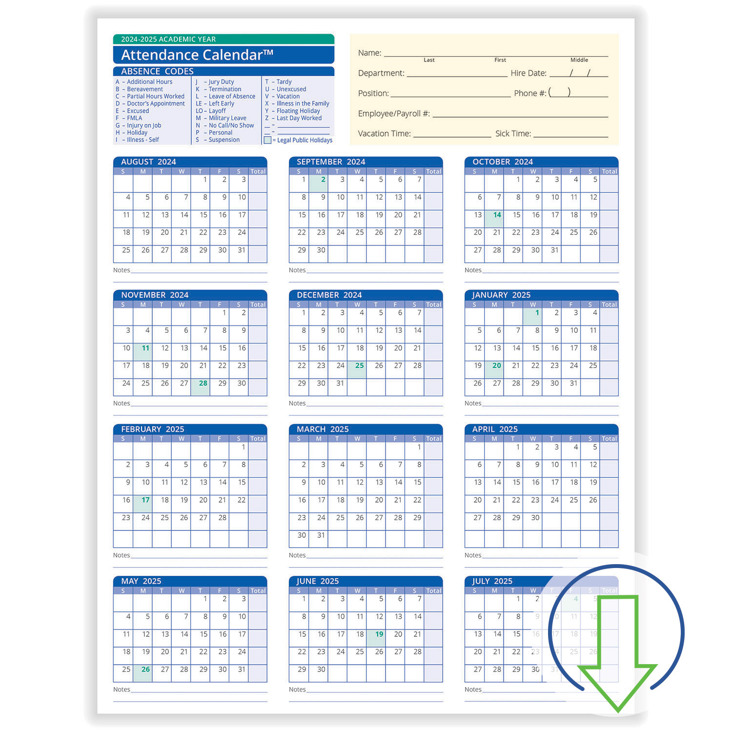 2024 Downloadable Academic Year Employee Attendance Calendar in 2025 Employee Attendance Calendar Printable Free Download