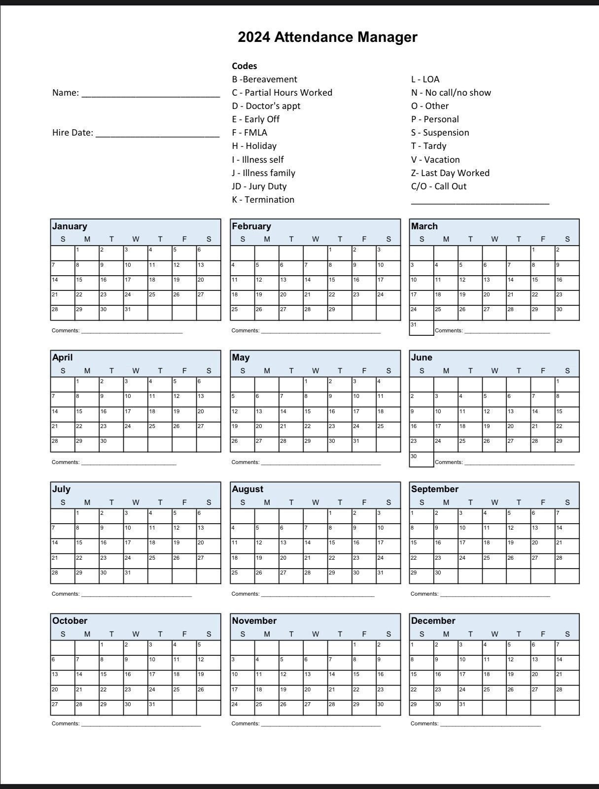 2024 Employee School Attendance Tracker Calendar, Employee throughout 2024-2025 Attendance Calendar